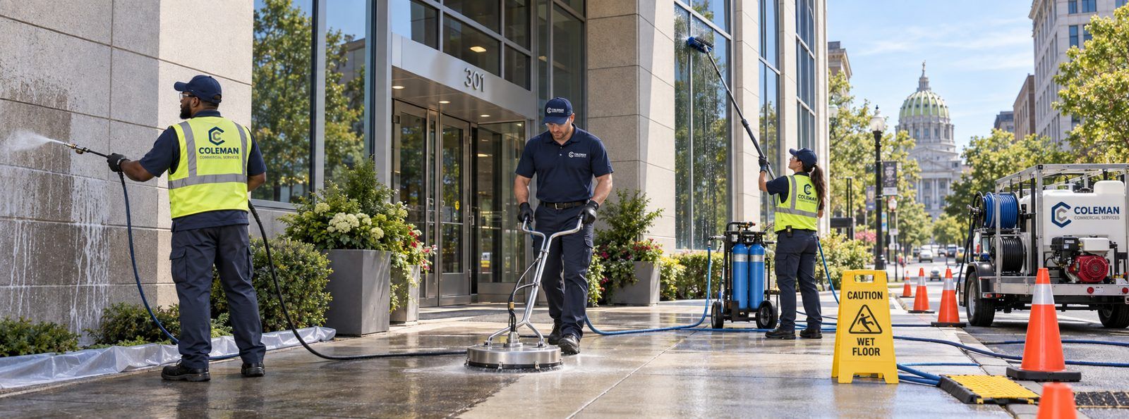 A Coleman Commercial Services technician pressure washing the exterior walkway of a commercial building.