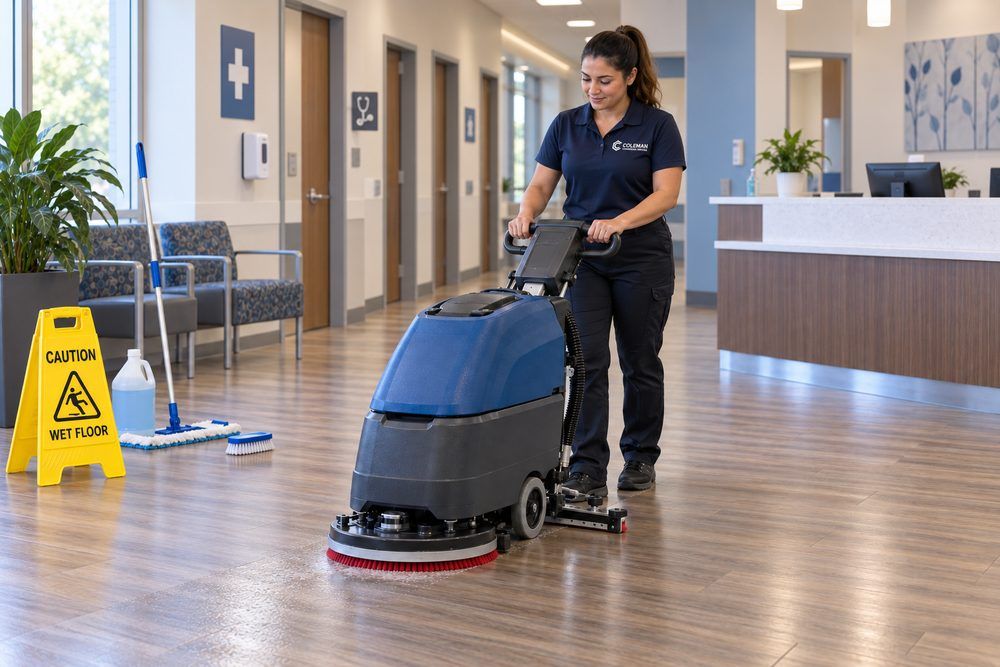 A technician operating a floor scrubber in a medical office corridor beside a wet floor sign.