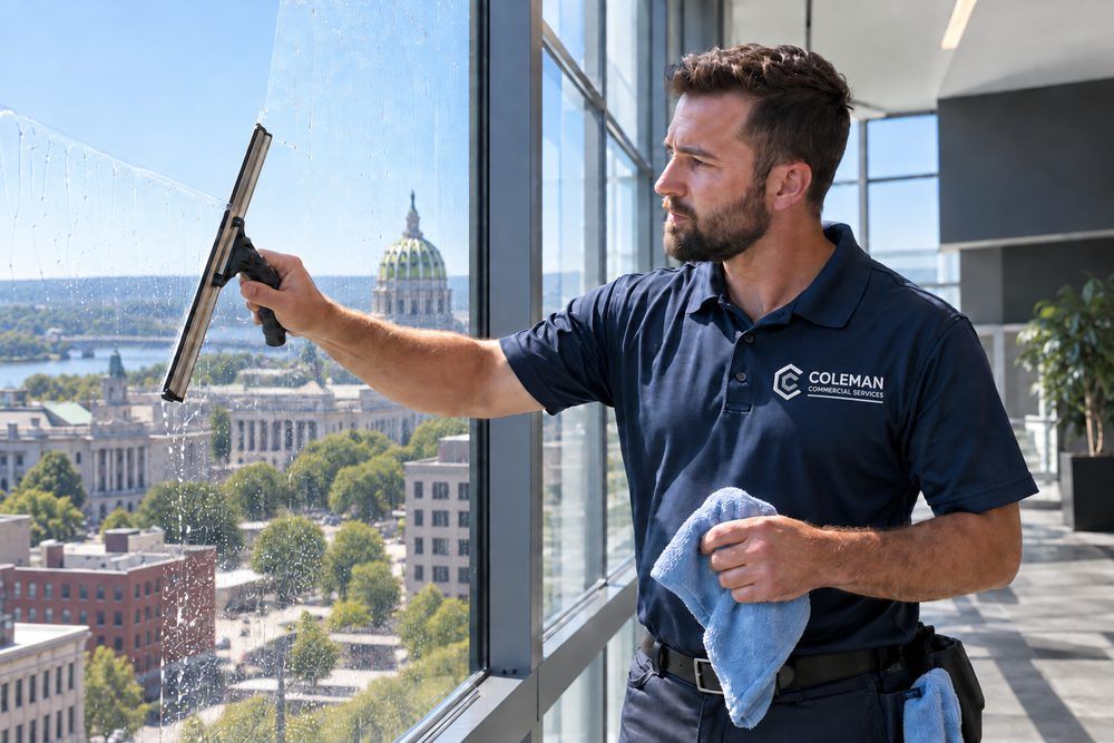 A technician squeegeeing floor-to-ceiling interior glass in a commercial building.