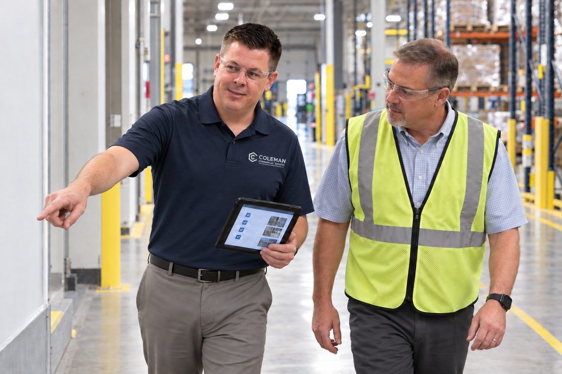 A Coleman Commercial Services representative walking a warehouse with a facility manager, tablet in hand.
